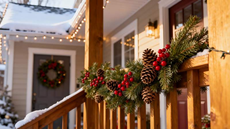 雪中圣诞装饰的温馨门廊图片