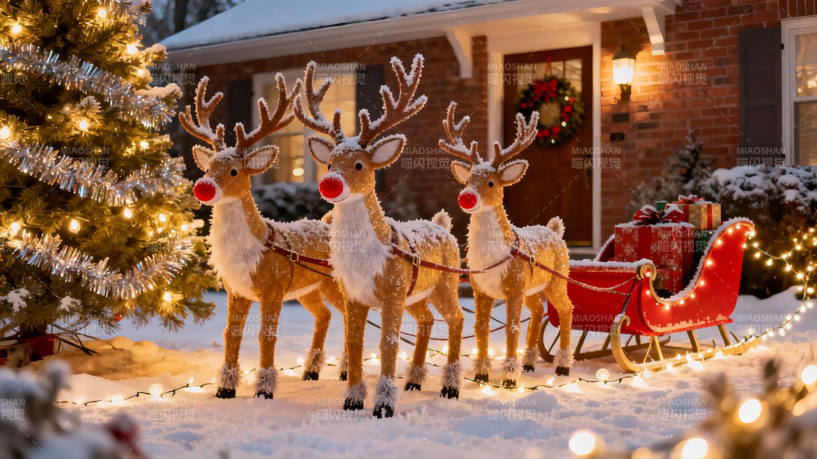 雪地圣诞驯鹿与雪橇图片