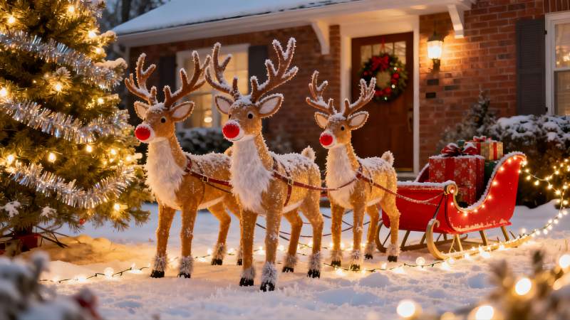 雪地圣诞驯鹿与雪橇图片