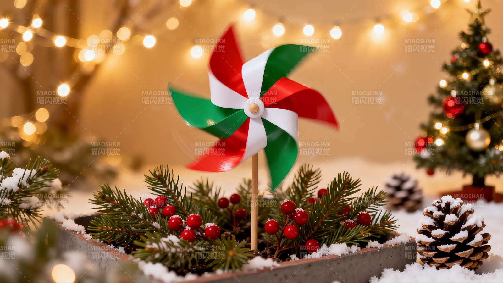 圣诞装饰风车与松枝图片