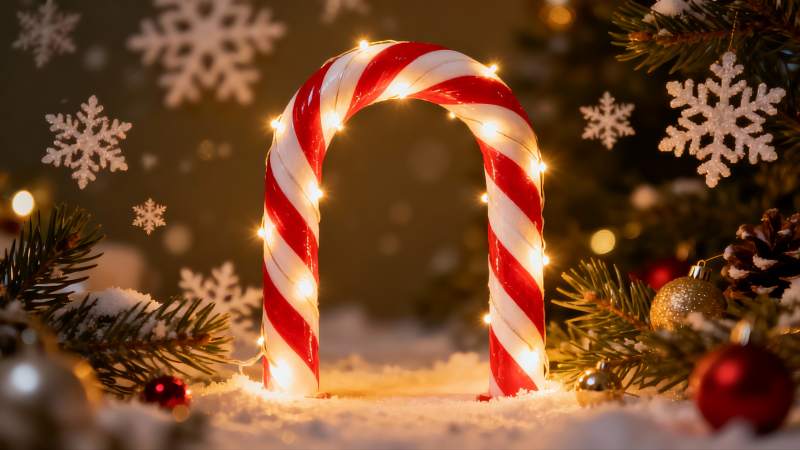 圣诞糖果拐杖灯饰雪景图片