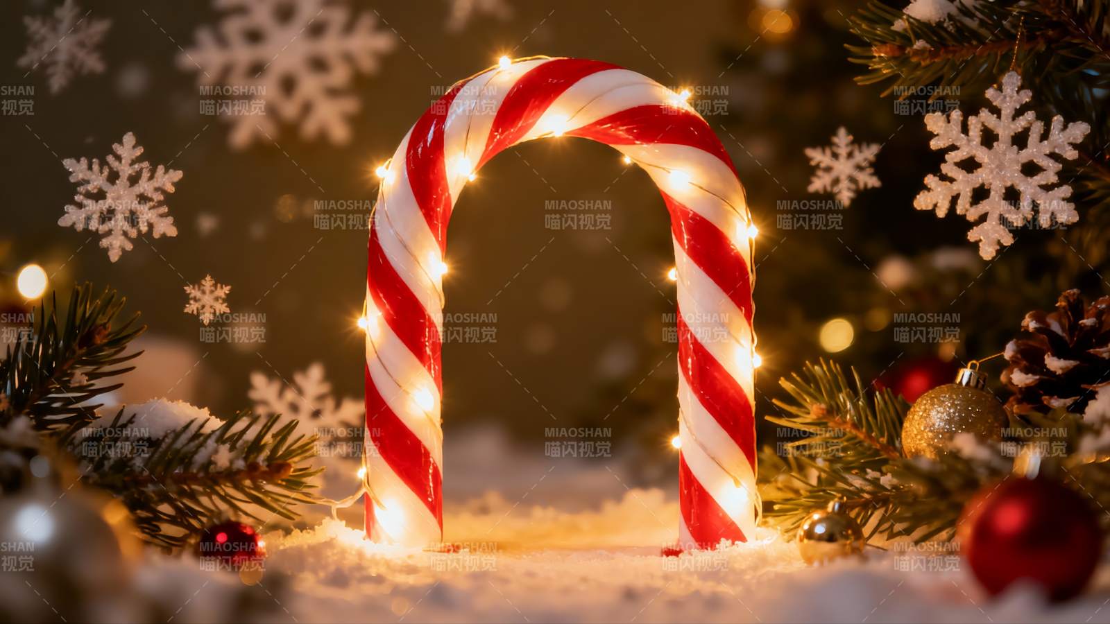 圣诞糖果拐杖灯饰雪景图片