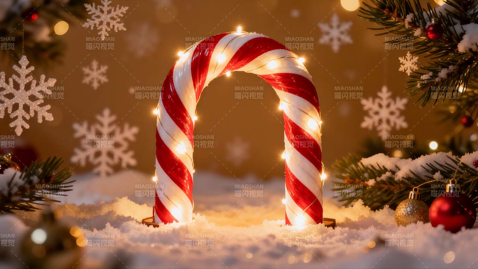 圣诞拐杖糖灯饰雪景图片