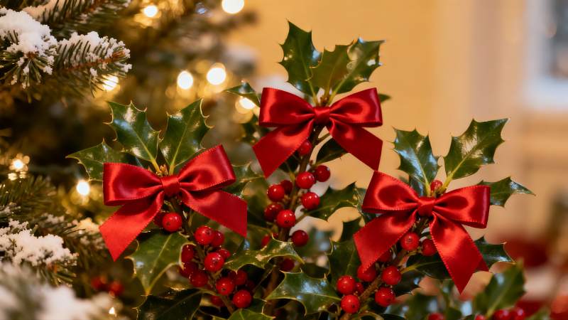 圣诞绿叶红果与红色蝴蝶结图片