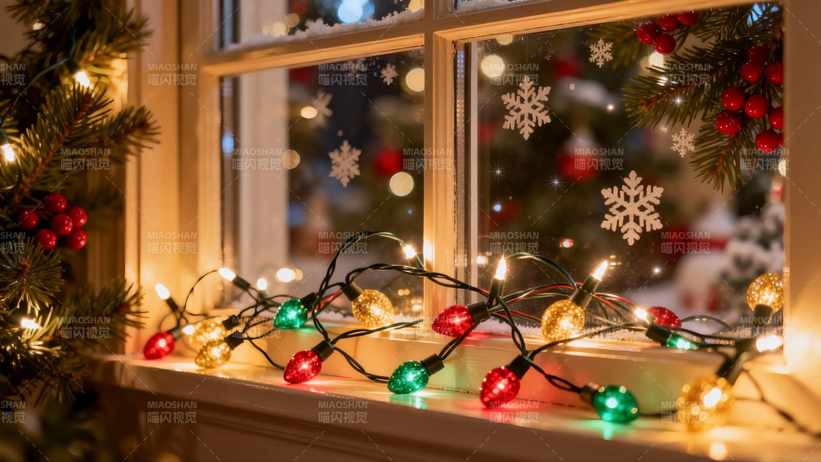 圣诞窗景彩灯闪烁温馨图片