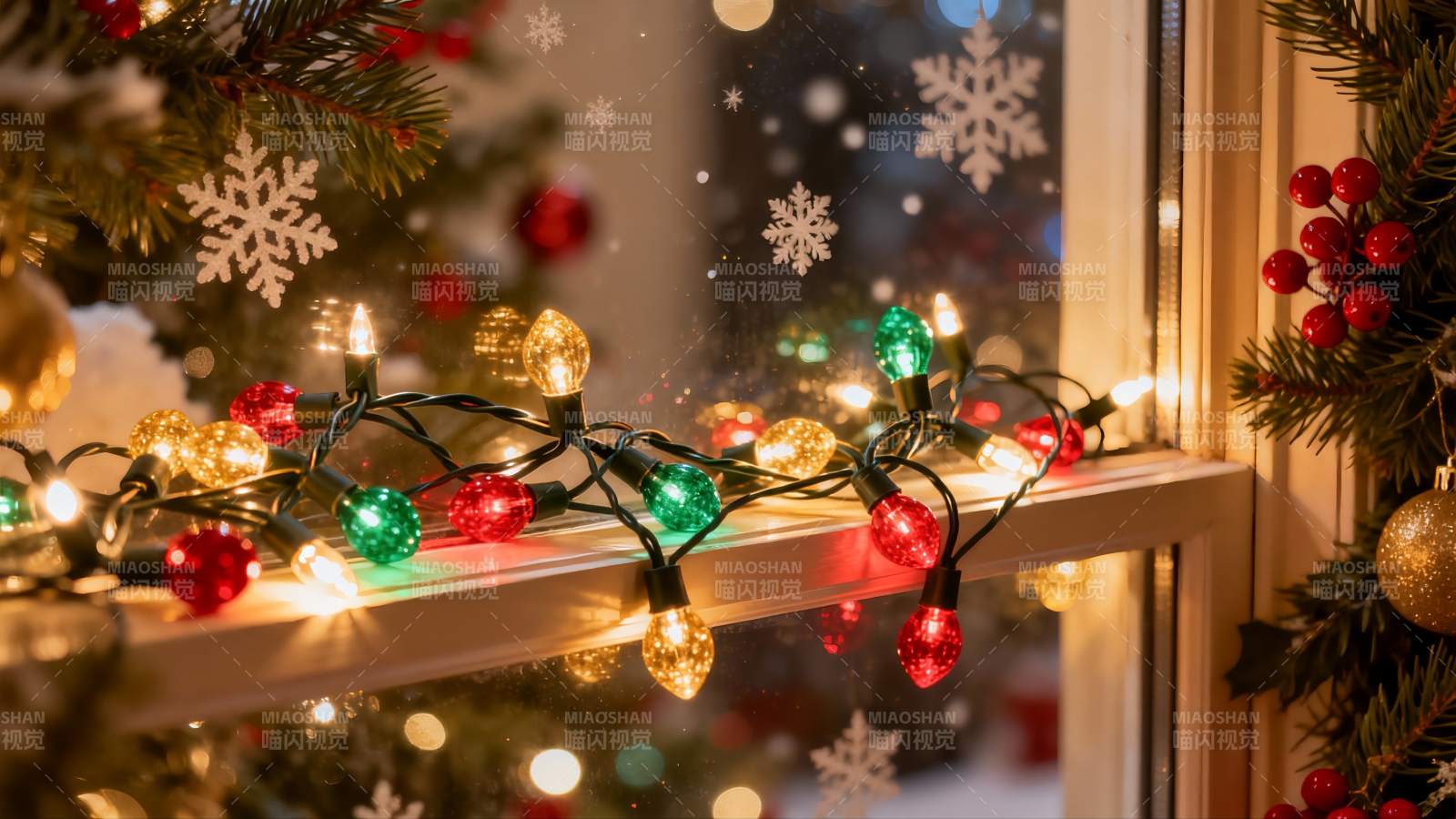 圣诞窗边彩灯闪烁温馨图片