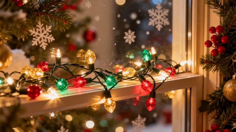 圣诞窗边彩灯闪烁温馨图片