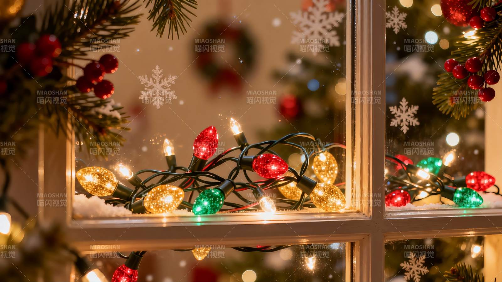 圣诞窗景彩灯闪烁图片