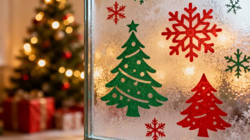 圣诞窗贴与装饰树的温馨场景图片