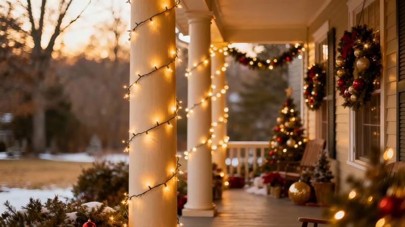 圣诞装饰的温馨门廊夜景图片