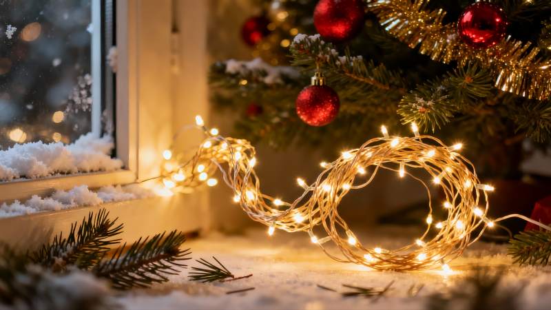 圣诞树窗边灯光雪景图片