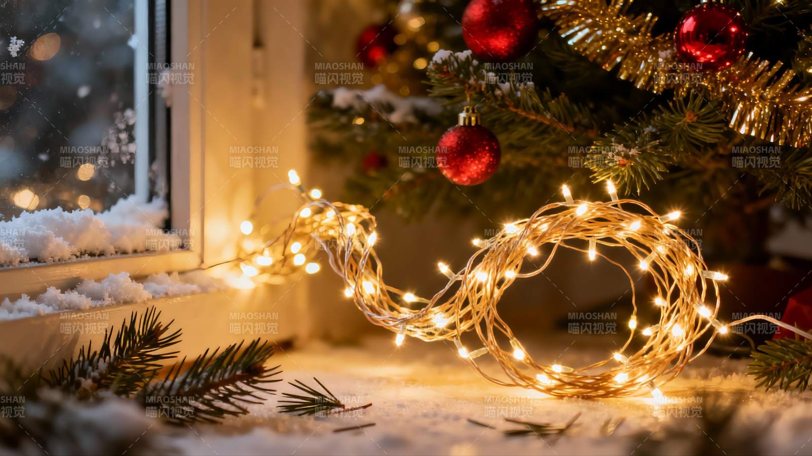 圣诞树窗边灯光雪景图片