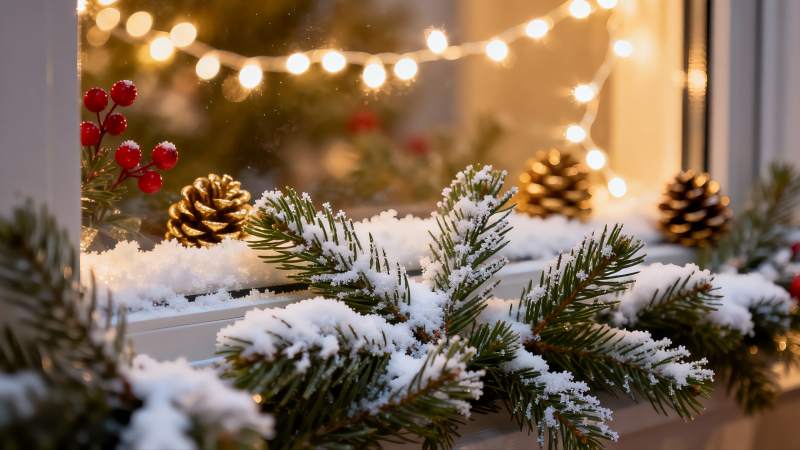 窗台雪松装饰节日氛围图片