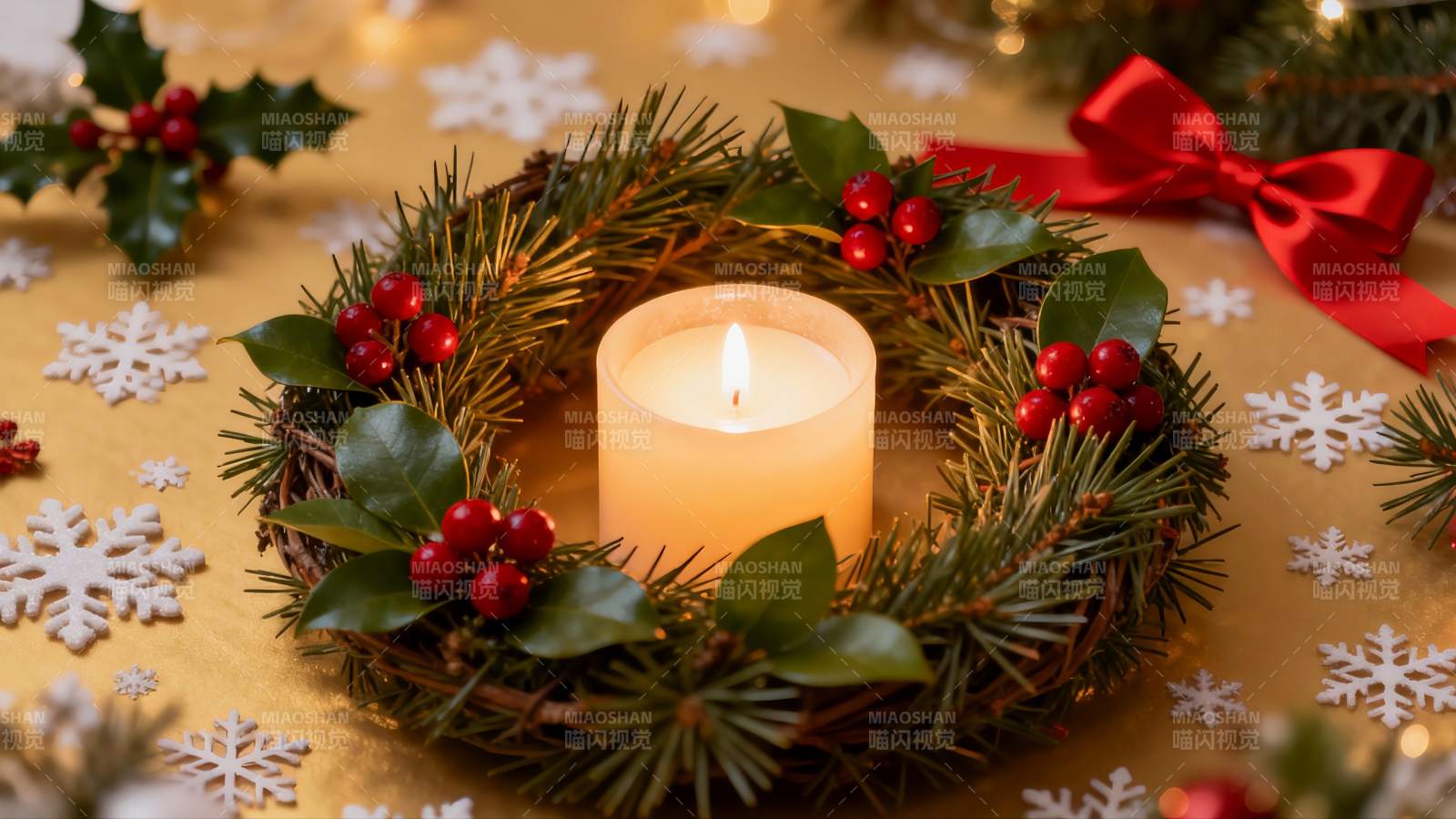 圣诞花环烛光装饰图片