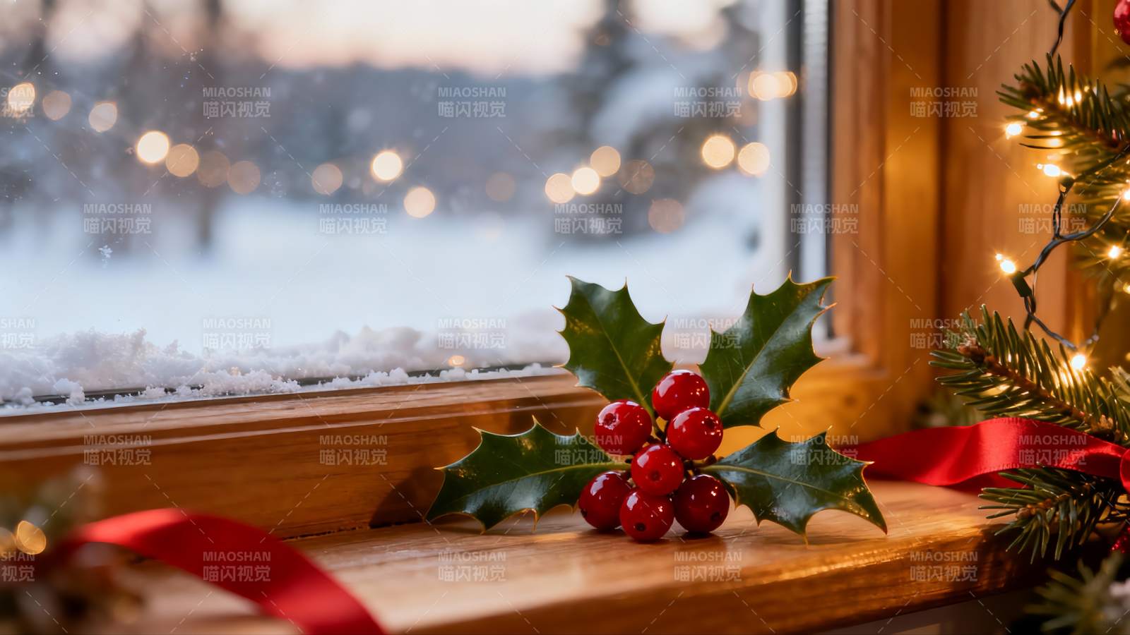 窗台冬日装饰与雪景图片