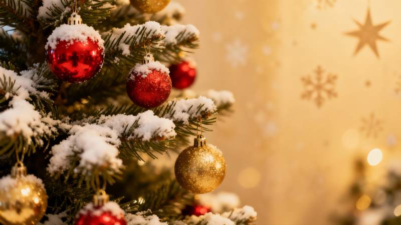 雪覆圣诞树挂饰特写图片