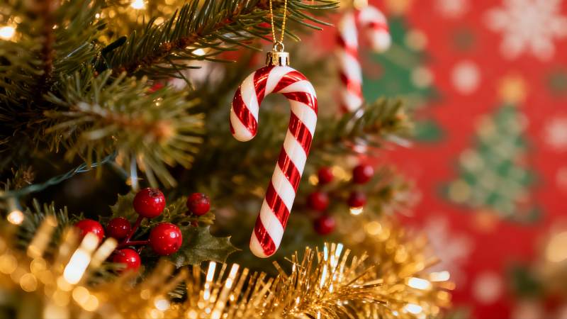 圣诞树上的拐杖糖装饰图片