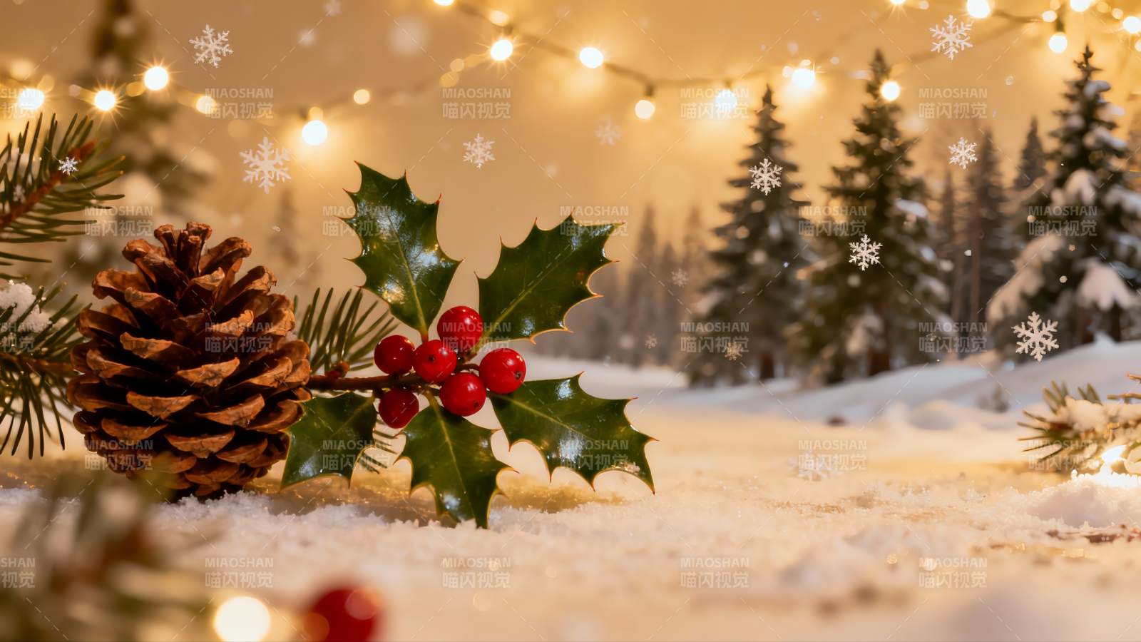 雪夜圣诞松果与红果图片