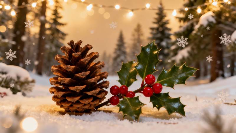 雪地松果与冬青点缀圣诞氛围图片