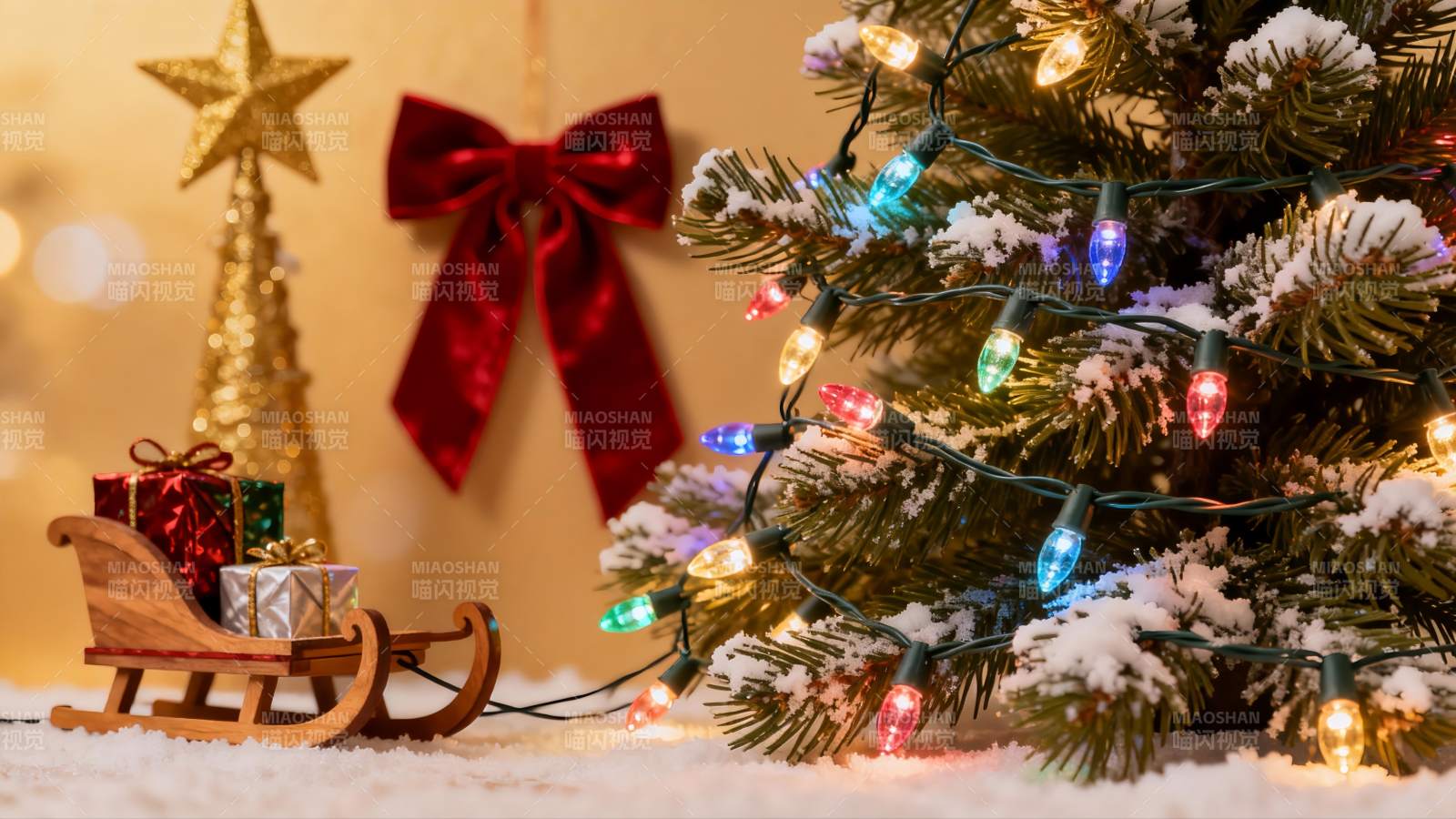 圣诞树彩灯装饰雪橇礼物图片
