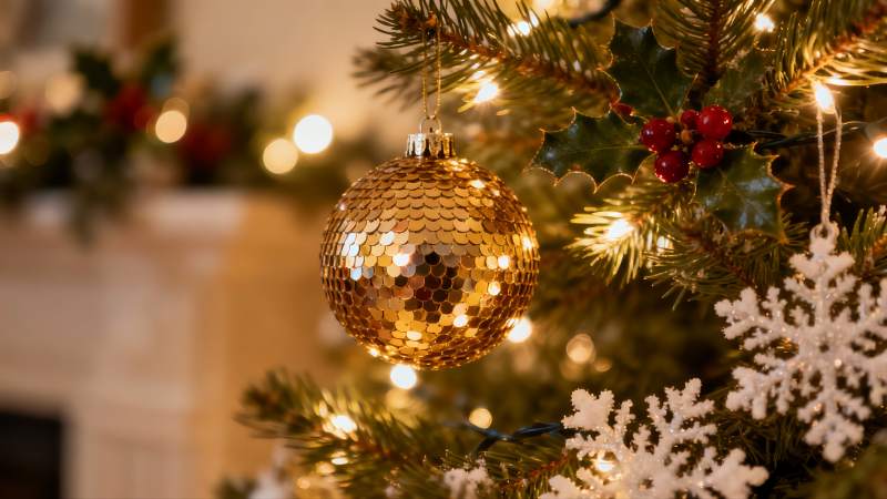 圣诞树上的金色装饰球图片