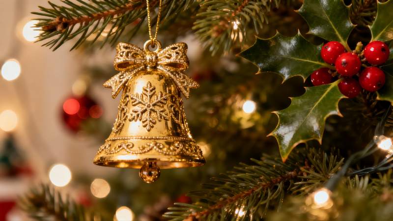 圣诞树上的金色铃铛装饰图片
