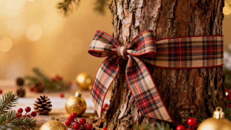 圣诞树干系彩带节日装饰图片