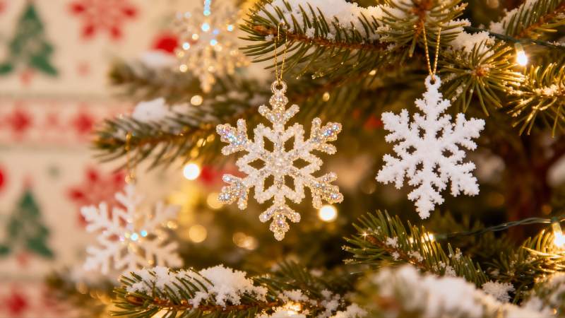 圣诞树挂饰雪景特写图片