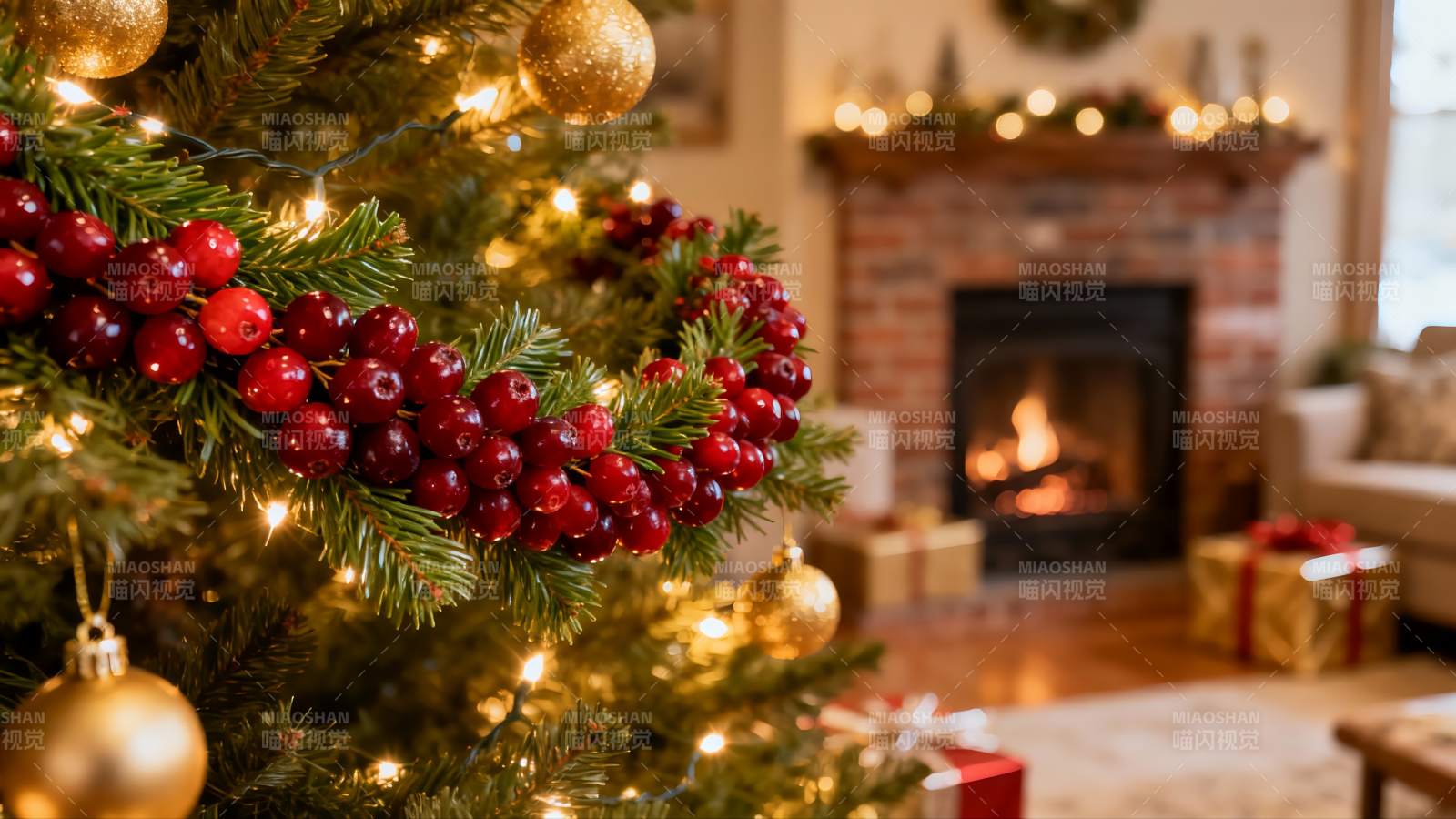圣诞树装饰与壁炉旁的温馨场景图片