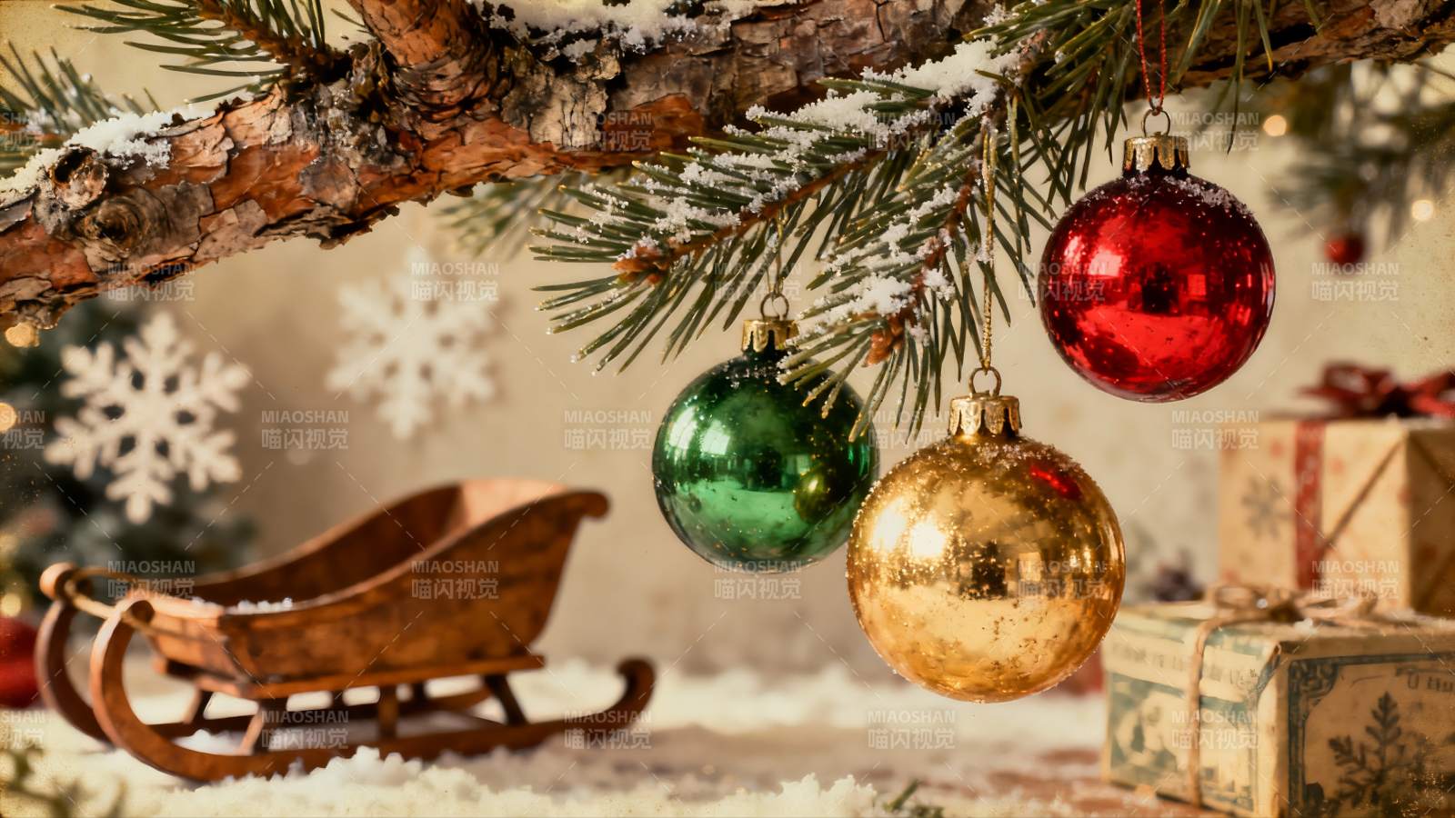 圣诞装饰雪景松枝挂彩球图片