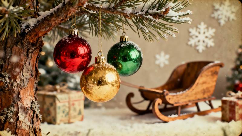 圣诞树下雪橇与彩球图片
