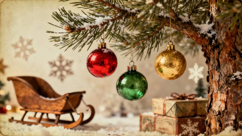 圣诞树下雪景与装饰球图片