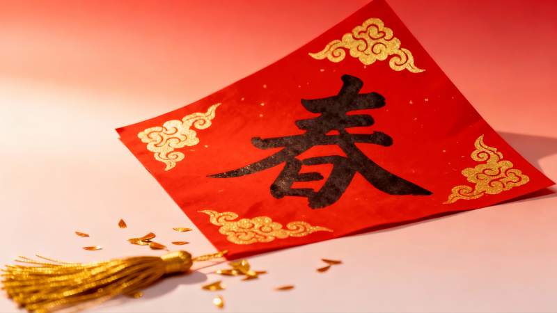 红色春字福贴与金色流苏图片