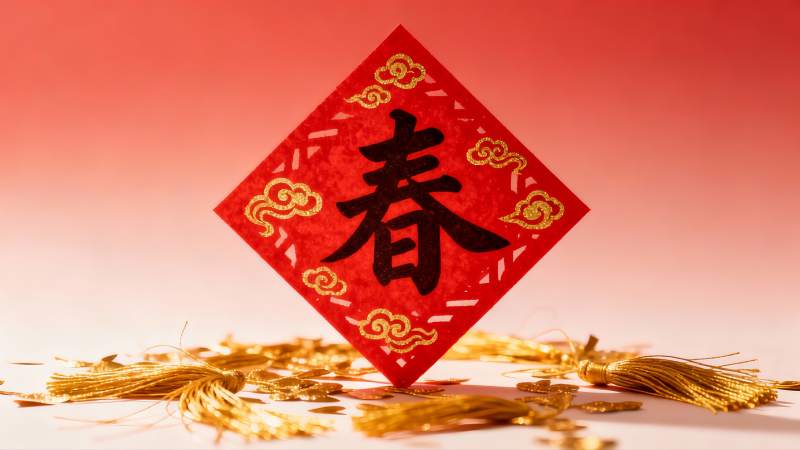 红色春字剪纸与金色流苏装饰图片