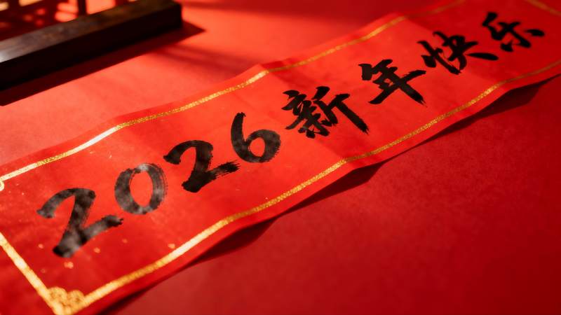 红色新年祝福卷轴特写图片