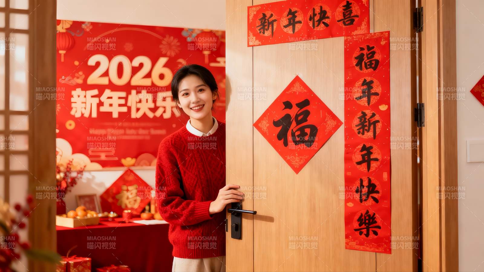 新年装饰门前微笑女子图片