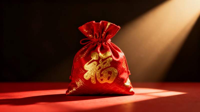 红色福袋光影特写图片