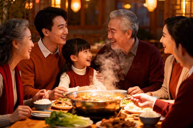 三代同堂围坐火锅聚餐图片