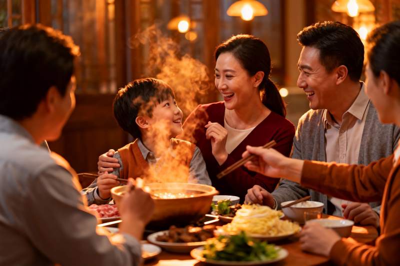 温馨家庭聚餐火锅热气腾腾图片