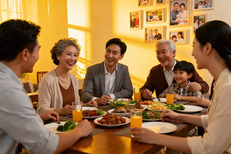 三代同堂温馨聚餐家庭场景图片