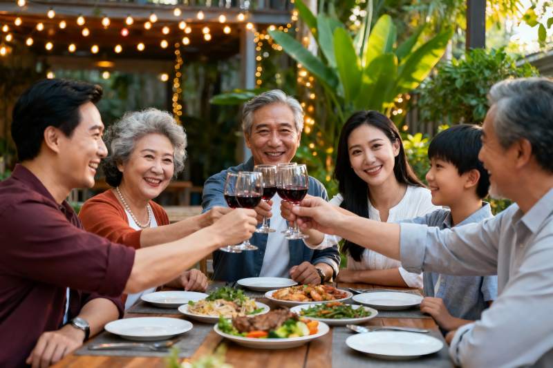 三代同堂户外聚餐举杯欢庆图片