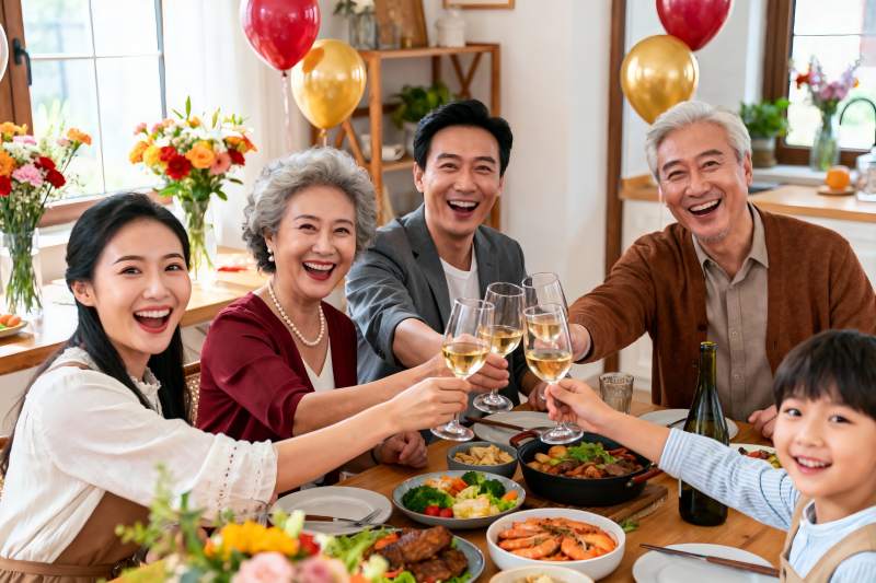 三代同堂家庭聚餐举杯欢庆图片