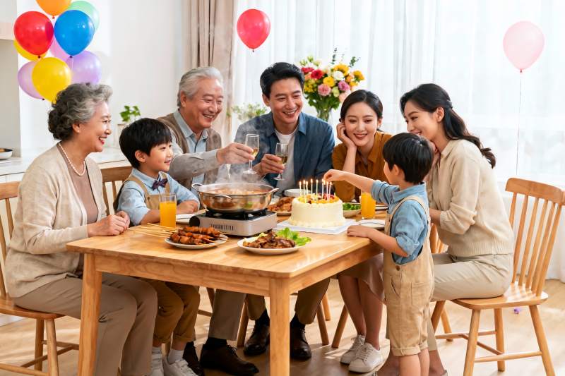 三代同堂家庭聚餐庆生图片
