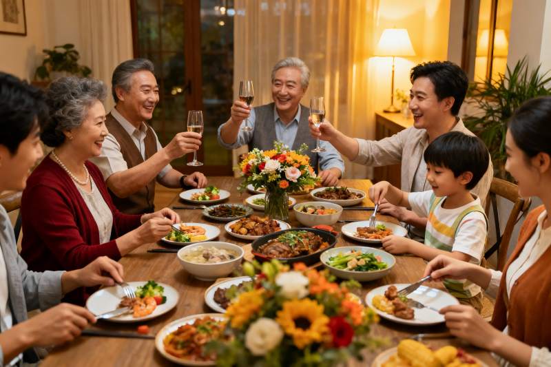 三代同堂家庭聚餐举杯欢庆图片