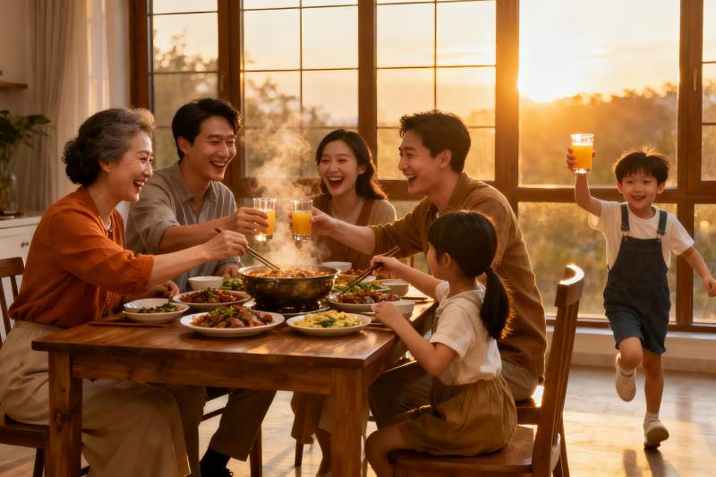 温馨家庭聚餐夕阳下欢声笑语图片