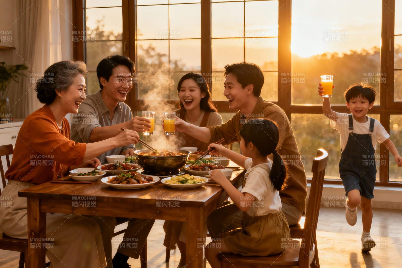 温馨家庭聚餐夕阳下欢声笑语图片