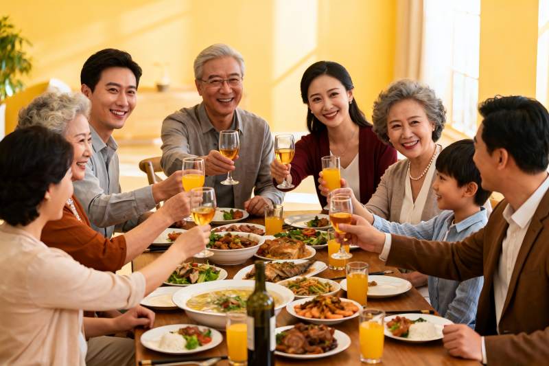 三代同堂家庭聚餐举杯欢庆图片