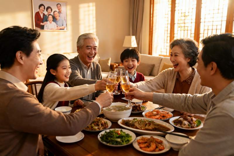 三代同堂家庭聚餐举杯欢庆图片