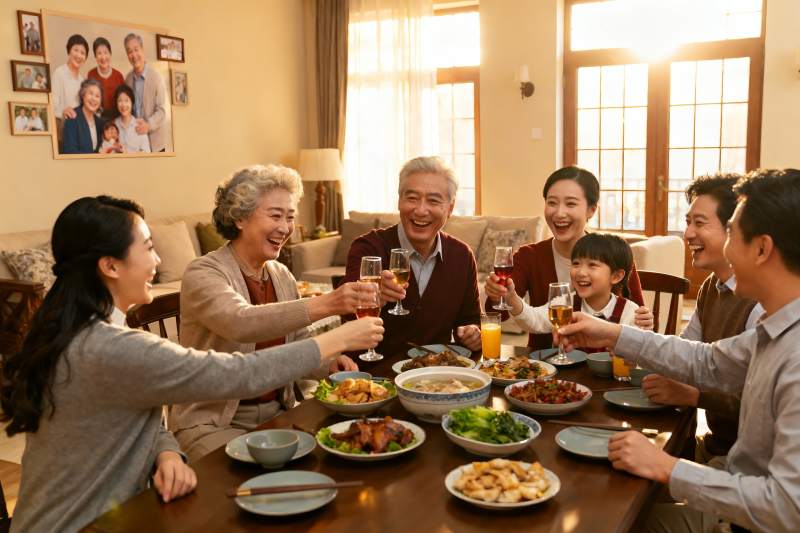 三代同堂家庭聚餐举杯欢庆图片