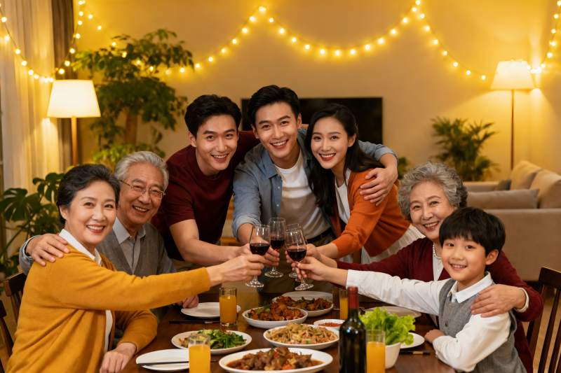温馨家庭聚餐举杯欢庆图片